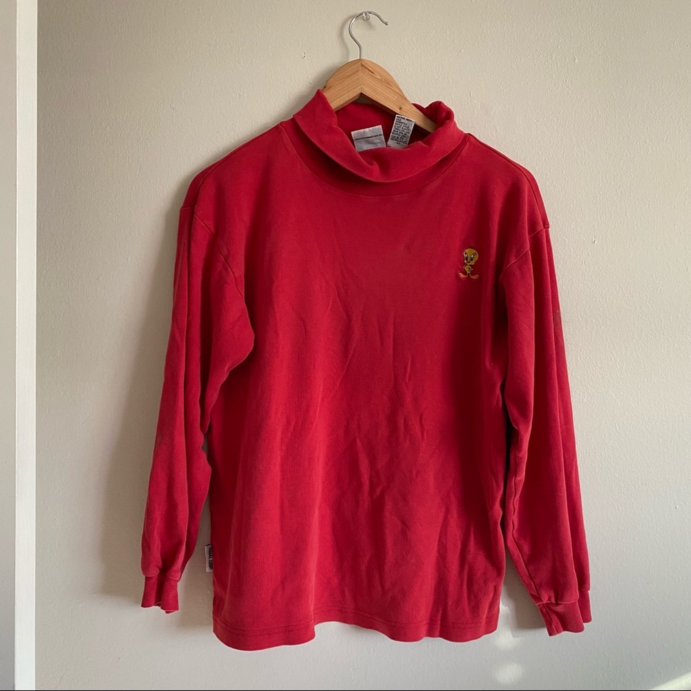 VINTAGE TWEETY BIRD Red Long Sleeve Turtleneck Embroidered Looney Tunes